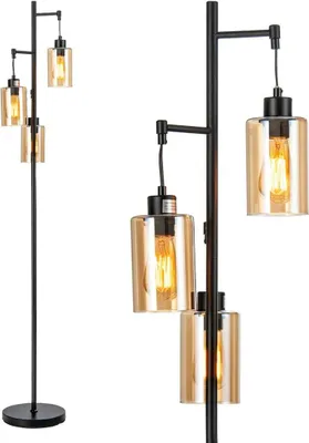 Image de Lampadaire - Lampe de lecture sur pied - 3 abat-jours en verre suspendus - Interrupteur au pied - Structure métallique - Alimentation CC - Sans ampoule