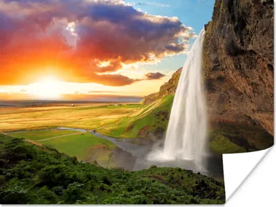 Produktbild von MuchoWow® Poster Wasserfall - Felsen - Sonnenuntergang - Berge - Orange 160x120 cm - Foto Plakat