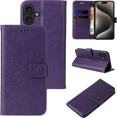 Produktbild von Handyhülle für Apple iPhone 16 Floral Blumen Schmetterling Flip Cover Hülle Case Klapphülle Handytasche Farbe: Violett