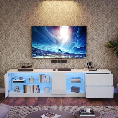 Zdjęcie produktu dla RTV stojak z oświetleniem LED, wysoki połysk, szafka pod telewizor, 160x40x52 cm, biały