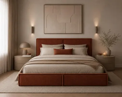 Produktbild von MOEBLO Polsterbett Bett 04 – Doppelbett mit Cord-Bezug, gepolstertem Kopfteil, Bettkasten und Federmechanismus - 180x200 cm - Orange (Poso 40)
