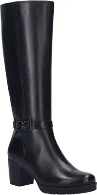 A black leather knee-high boot with a buckle detail and a block heel, shown against a white background.