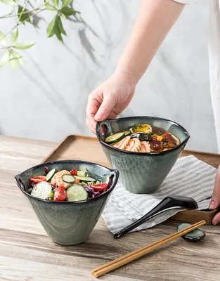 Produktbild von Keramische Ramenkommen Set - einzigartiges Design - Set von 2 - grün - Keramik - 780 ml
