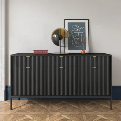 Productafbeelding van Zwarte moderne commode met ribbels, model KIOTO K3D3SZ. Zwarte kast, dressoir, sideboard