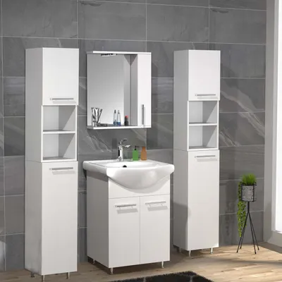 Produktbild von VCM 5-tlg. Waschplatz | Waschtisch Unterschrank 55 cm | Badmöbel Set mit Waschbecken Spiegeschrank Hochschrank | praktische Drehtüren | Komplettset Lisalo M