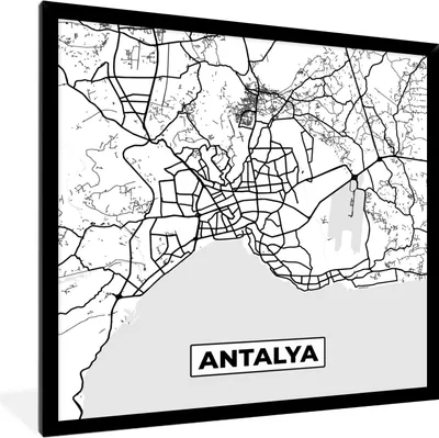 Produktbild von MuchoWow® Gerahmtes Poster Antalya - Stadtplan - Schwarz und weiß - Karte 40x40 cm - Poster mit Schwarzem Bilderrahmen Wandposter Rahmen Foto Bilder - Mit Rahmen - Wanddekoration Schlafzimmer