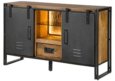 Produktbild von MASSIVMOEBEL24 Sideboard Mango / Altholz 150x45x90 natur / grau lackiert / Metall grau BLACKBURN LUX #411