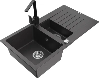 Produktbild von Mexen Matias 1,5-Becken-Granitspüle mit Abtropffläche und Mischbatterie Rita, Schwarz gesprenkelt - 6502-76-670300-70
