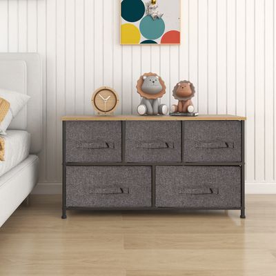 Mondeer Stoffkommode mit 5 Schubladen und Metallrahmen Aufbewahrungsschrank mit Holz Deckplatte kommode mit Schublade 100x30x55cm