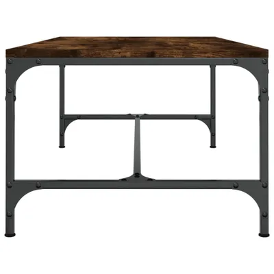 A close-up, front-facing view of a coffee table with a wooden top and a dark metal frame.