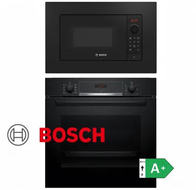 Produktbild von Bosch Einbau Backofen Schwarz mit Teleskop + einbau Mikrowelle Sparset -Autark 20L Grill