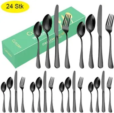 Produktbild von 24 Stück Besteck Set, Schwarz Mattiert Essbesteck Set für 6 Personen, Besteck Edelstahl Spiegelpoliert, Messer Gabel Löffel Set, spülmaschinenfest