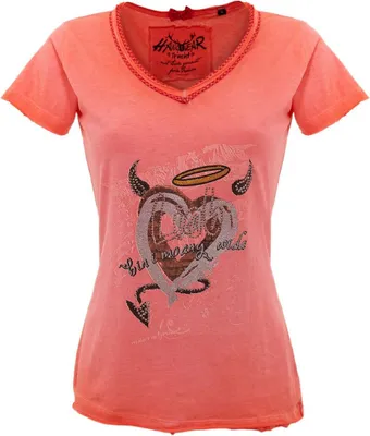 Produktbild von Feminines T-Shirt GESA Rot V-Ausschnitt mit Teufelchen-Herz-Print 'bin i moang wida'