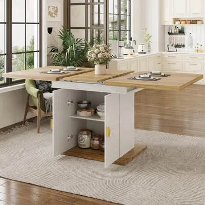 Immagine prodotto di Tavolo da pranzo allungabile con spazio contenitore, decorato con un motivo a rilievo solare, per 4-6 persone, bianco e color legno, dimensioni 110-140x70x76 cm