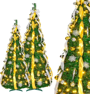 Imagen del producto de Árbol de Navidad artificial "LILIIN" de 180 cm, con adornos dorados y plateados y 150 luces LED, ideal para decoración navideña en interiores y exteriores