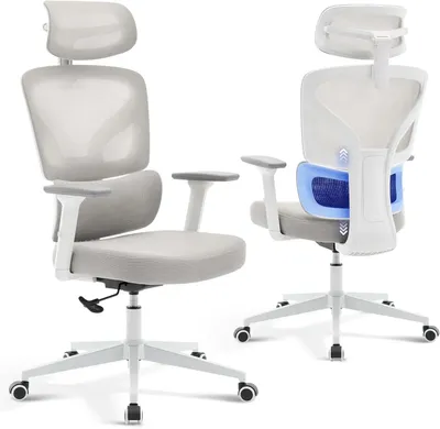Produktbild von Ergonomischer Bürostuhl aus Mesh - Hoher Gaming Stuhl - Verstellbare Lendenstütze - Kopfstütze - 3D-Armlehnen - Drehstuhl - Grau