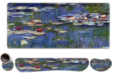 Produktbild von Erweitertes Gaming-Mauspad Set mit Handgelenkauflagen, Memory-Schaum, Blumenmalerei Monet Seerosen, 88,9 x 39,4 cm