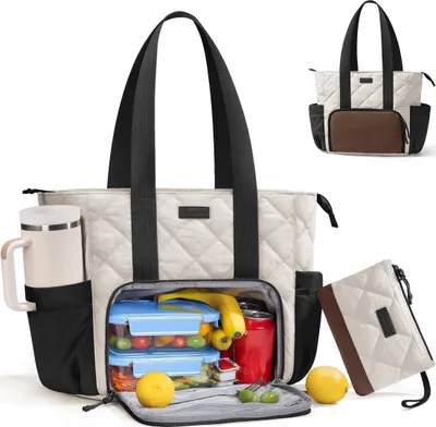 Image de Sacoche repas pour femmes, sacoche pour ordinateur portable (jusqu'à 15,6 pouces) avec compartiment repas isolé et porte-boisson, boîte repas légère pour les voyages et le bureau, marron