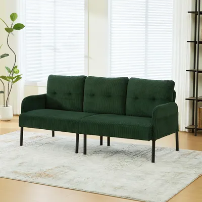 Produktbild von MODFU Sofa Cord Drei-Sitzer,Loungesofa mit hoher Rückenlehne und praktischen Seitentaschen,Stabile Metallfüße,Cord,Grün
