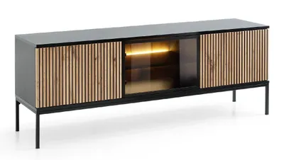 Produktbild von TV-Schrank 154 cm HALLE - TV-Tisch mit Lamellen, TV-Lowboard - LED-Beleuchtung (Eiche Wotan + Schwarz)