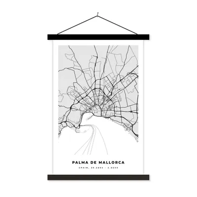 Produktbild von MuchoWow® Textilposter Mallorca - Stadtplan - Schwarz und weiß - Karte 120x180 cm mit schwarzem Rahmen - Fotos