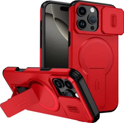 Image de Étui magnétique pour iPhone 16 Pro Max, étui durable double couche avec protection coulissante de l'appareil photo et support ajustable Rouge