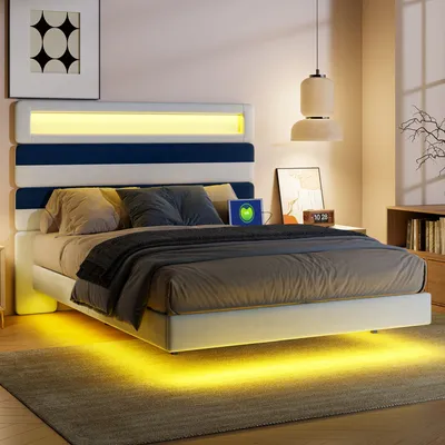 Immagine prodotto di UnboxG Letto imbottito 140x190cm con USB, letto giovanile letto matrimoniale con rete a doghe e contenitore, letto contenitore con LED, velluto