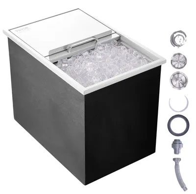 Imagen del producto de Contenedor de hielo empotrable VEVOR, 14 pulgadas de largo x 12 pulgadas de ancho x 18 pulgadas de alto, enfriador de hielo de acero inoxidable, cubeta de hielo comercial con tapa, capacidad de 40 cuartos de galón, ideal para exteriores, barra de hielo, incluye tubo de desagüe y tapón, para vino y cerveza fríos, dimensiones: 27x18x21 pulgadas