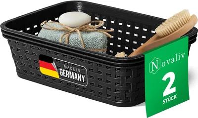 Produktbild von Novaliv 2 Stück Eleganter Aufbewahrungskorb in Rattan-Optik | Schwarz Kunststoff 1L – Perfekt für Bad & Kleidungsaufbewahrung. Aufbewahrungsbox Badezimmer Körbchen Bad Organizer Korb Ordnungsbox