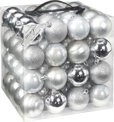 Produktbild von Weihnachtskugeln Muster Mix Kunststoff 6cm, 64er Set, Farbe:silber