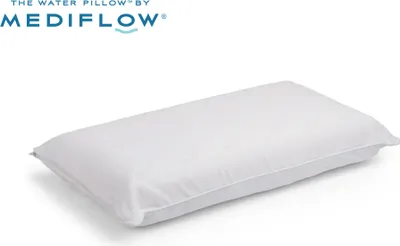 A white Mediflow water pillow is shown on a white background with the brand logo and name at the top.