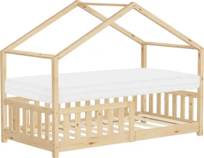Produktbild von ML-Design Kinderbett Hausbett 80x160 cm Natur mit Matratze H:10cm, Rausfallschutz Lattenrost und Dach, Spielbett aus massivem Kiefernholz Bodenbett