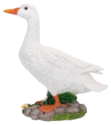 Image de Statue de canard en résine, idéale pour décorer l'intérieur, l'extérieur, le jardin, la pelouse ou la cour. Représente une oie posée sur un porche. Sculpture animalière