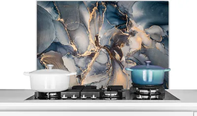 Obrázek produktu pro KitchenYeah® Kitchen splashback - Kuchyňský splashback - Ochrana stěny sporáku a dřezu - Mramor - Šedá - Modrá - - Zlatá 90x60 - Alu-Dibond (alternativa ke skleněnému splashbacku) - Tepelně odolný - He