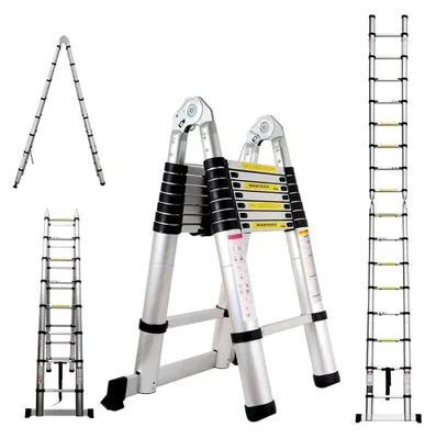 Produktbild von 5M Aluminium Teleskopleiter - Ausziehbare Trittleiter mit A-Rahmen und 150 kg Tragfähigkeit