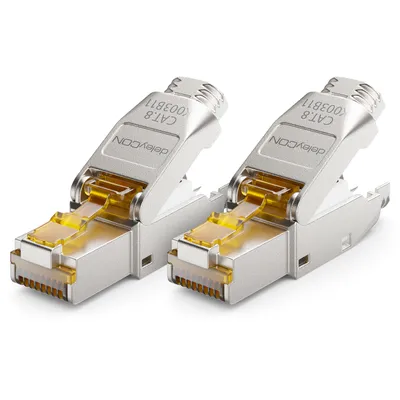 Produktbild von deleyCON 2x CAT 8 Netzwerkstecker RJ45 Werkzeuglos Geschirmt 40Gbit/s Netzwerk Stecker für Rohkabel Verlegekabel Steckverbinder RJ45 Ethernet LAN DSL Patchkabel