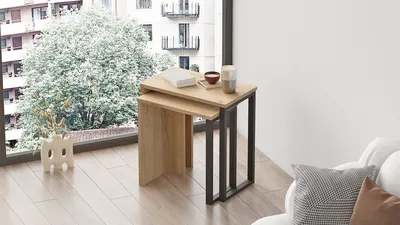 Produktbild von Skye Decor, Hochwertiger Nesting Tisch (2 Stück), Walnuss, 51 x 52,8 x 29,5 cm | 100% melaminbeschichtete Spanplatte, 18 mm dick | Modernes, industrielles Design für Ihr Zuhause.