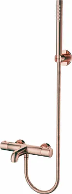 A rose gold shower faucet with a handheld showerhead, mounted on a white background.