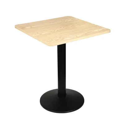 A square wooden table with a black pedestal base, isolated on a white background.