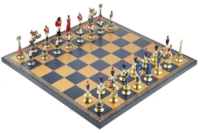 Zdjęcie produktu dla ITALFAMA NAPOLEONE Kolekcjonerski metalowy zestaw szachowy + plansza z imitacji skóry, 40 cm