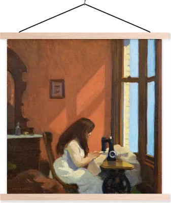Produktbild von MuchoWow® Textilposter Mädchen an der Nähmaschine - Edward Hopper 40x40 cm mit holzfarbenen Rahmen - Posterleiste