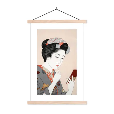 Produktbild von MuchoWow® Textilposter Frau - Kimono - Schminken - Japan - Vintage 120x180 cm mit holzfarbenen Rahmen - Textil-Plakat