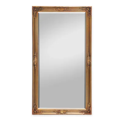 A full-length mirror with a decorative gold frame is shown against a white background.