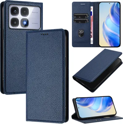 Produktbild von Litchi Leder Handyhülle für Xiaomi Redmi K70 Ultra Wallet Kartenfächer Standfunktion Hülle Blau