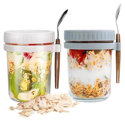 Produktbild von 2er Set Overnight Oats Glasbecher mit Deckel & Löffel, 350ml, Versiegelung für Frühstück & Joghurt, Ideal für unterwegs, Weiß + Grau