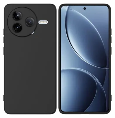 A black smartphone case is shown next to a smartphone with a blue abstract wallpaper.