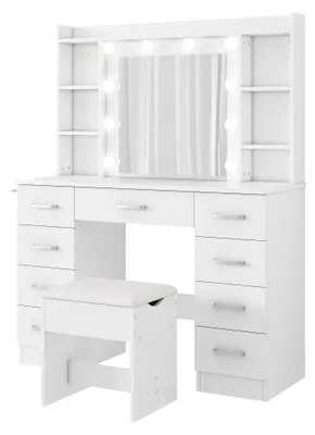 Obrázek produktu pro ZELURXX Toaletní stolek bílý 110×40×145 cm s LED zrcadlem 10 světel USB včetně stoličky a držáku na fén s kovovým výsuvem
