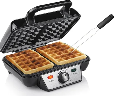 Produktbild von 2in1 Doppel Waffeleisen eckig für dicke Belgische Waffeln 23x16cm & Waffelgabel