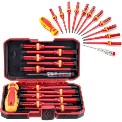 Productafbeelding van Set van 13 geïsoleerde VDE-schroevendraaiers met spanningzoeker tot 1000V, magnetisch, met platte kop en Torx-kop