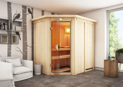 Produktbild von Karibu Sauna Innensauna Saja Eckeinstieg Ofen 3,6 kW intgr. Strg 210x165x202 cm mit Dachkranz  mit Bronzierter Tür
